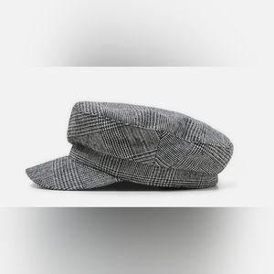 Zara Hat Beret  Plaid Brim M Nautical Cap Front Visor Black Gray white Ladies